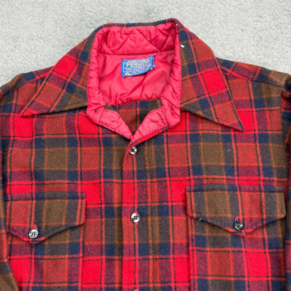 Pendleton Flannel Shirt Men 15.5 Red Brown Plaid Wool Long Sleeve Vintage USA